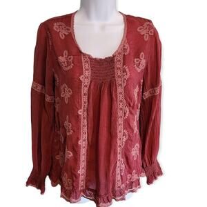 Johnny Was Embroidered Smocked Tunic Top Oversized size XS